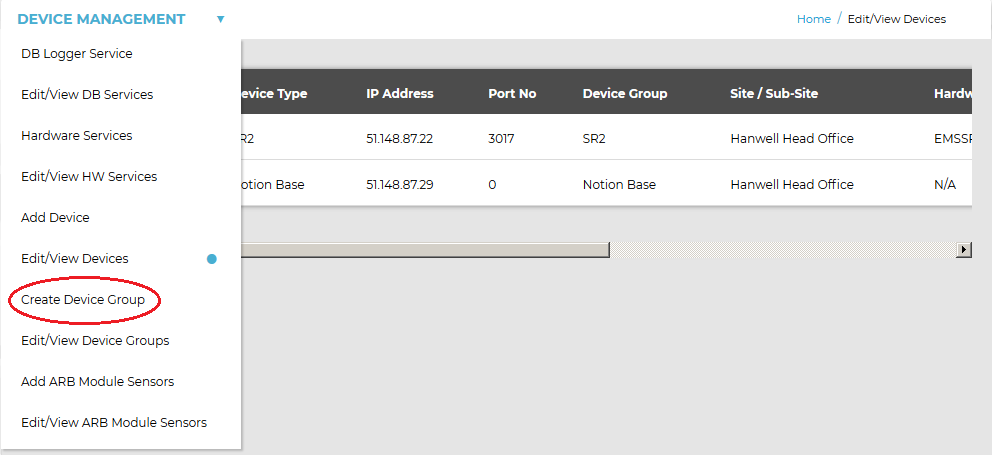 Device Management Drop Down- Create Device Group