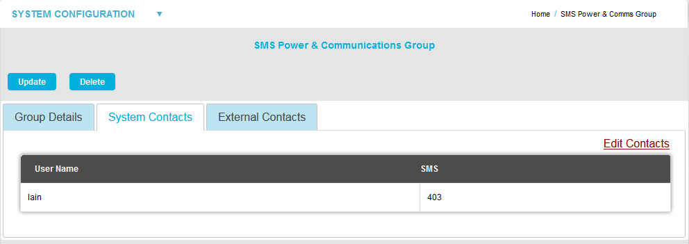 SMS Power and Comms Group System Contacts - Edit Contacts