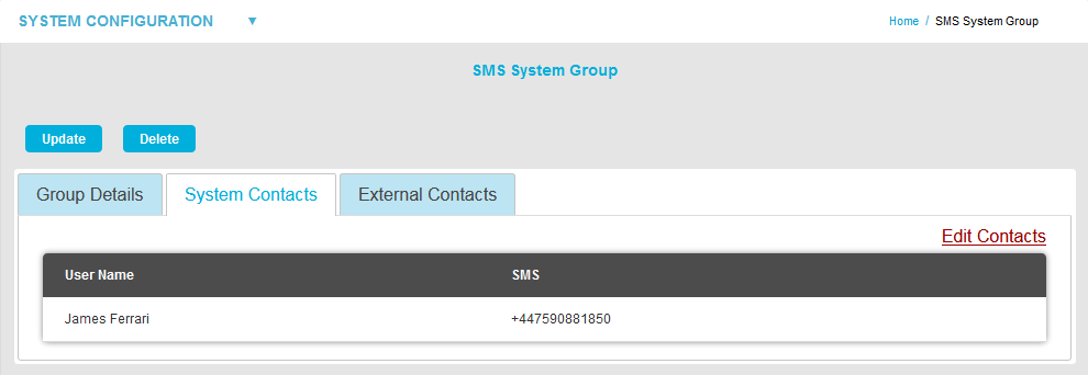 SMS System Group System Contacts Edit Contacts