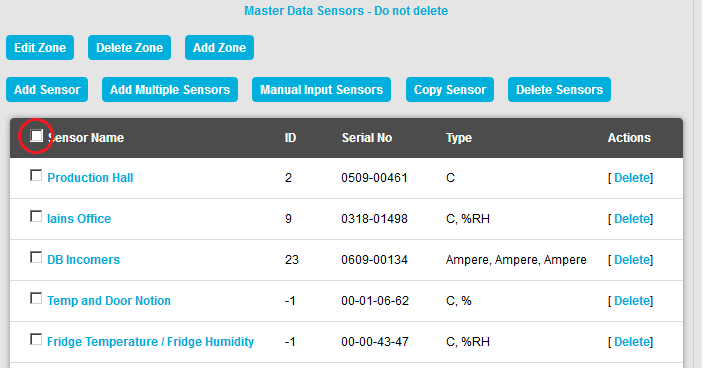 Delete Sensors Sensor Name Check Box