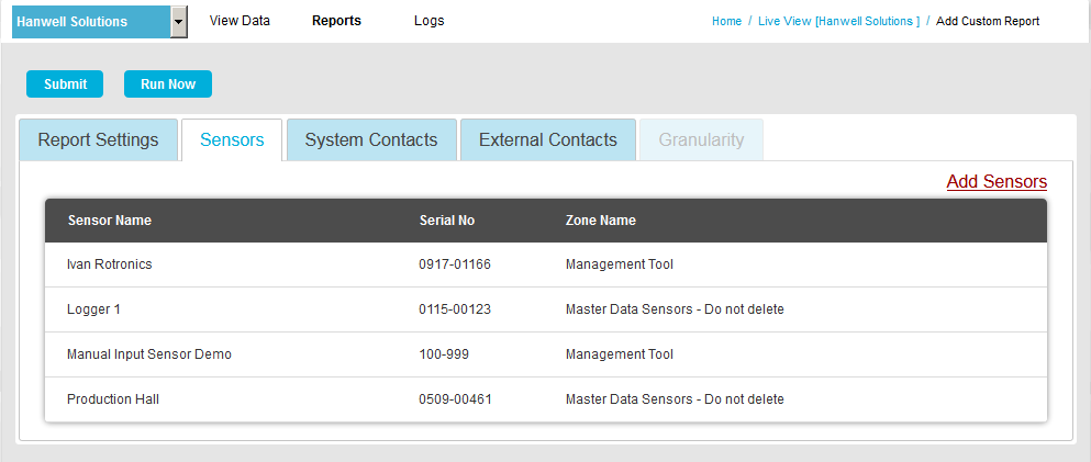 Custom Report Sensors Selected