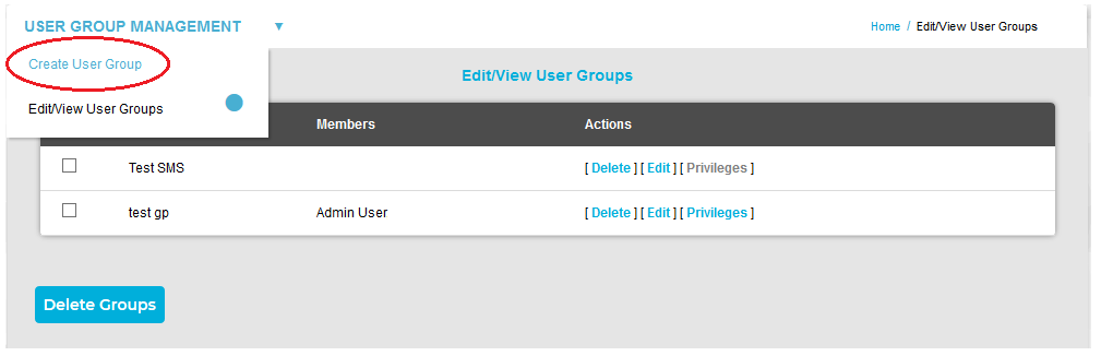 User Group Management Dropdown-Create User Group